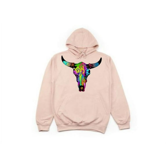 Colorful Steer, Unisex Adult Hoodie, Steer Head, Neon Hoodie, Gift For Her, Hooded Sweatshirt, Cattle Apparel, Gift For Farmer, Western, Peach (White Text), LARGE
