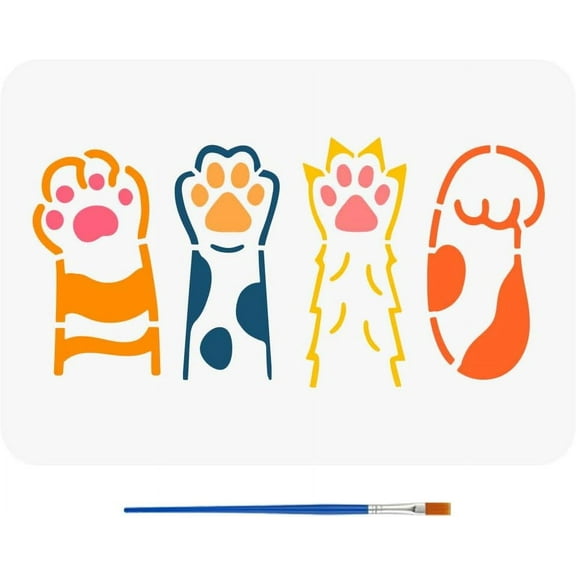 Colorful Stencil Stop Paw Print Stencil with Brush 8.3x11.7 inch Paw Border Plastic PET Painting Stencil Cat and Dog Animal Paw Print Template Paw Stencils for DIY Crafts Handwork