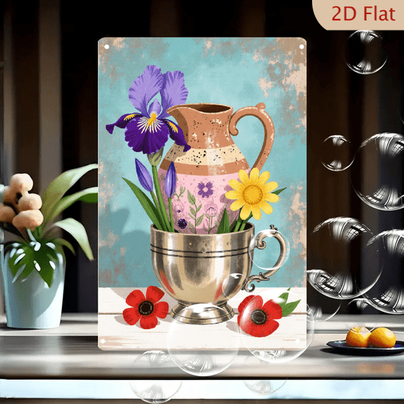 Colorful Still Life with Vintage Ceramic Pitcher, Purple Iris and Yellow Daisy Art Print, 8x12 Inches Metal Wall Decor for Living Room