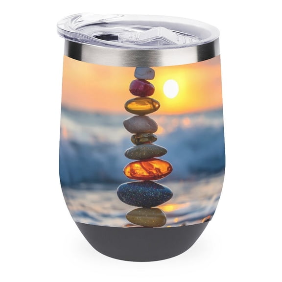 Colorful Stone Beach Sunset 12oz Wine Tumbler with lid Stainless Steel Travel Mugs Double Wall Insulated Travel Coffee Cup Wine Glasses One size