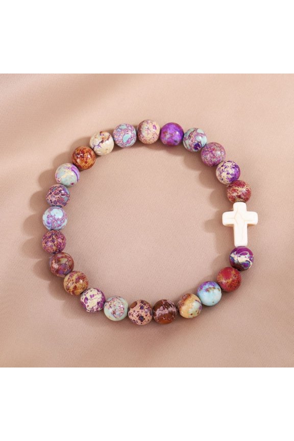 Colorful Stone Beaded Cross Bracelet Handmade Boho Elastic Jewelry Unisex Religious Spiritual Accessory Zebra Pattern