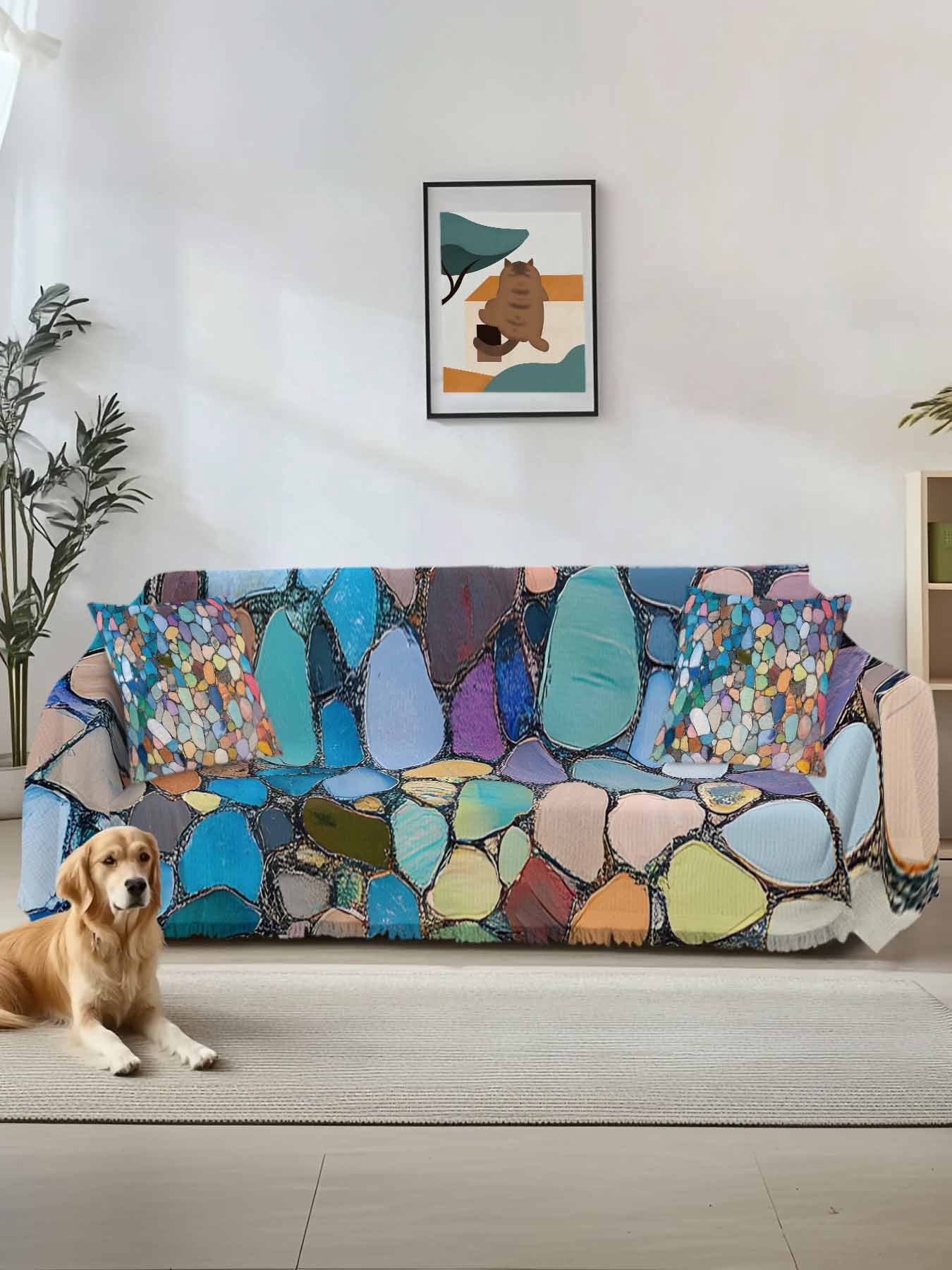 Colorful Stone Couch Cover, Rainbow Abstract Oil Painting Brushwork