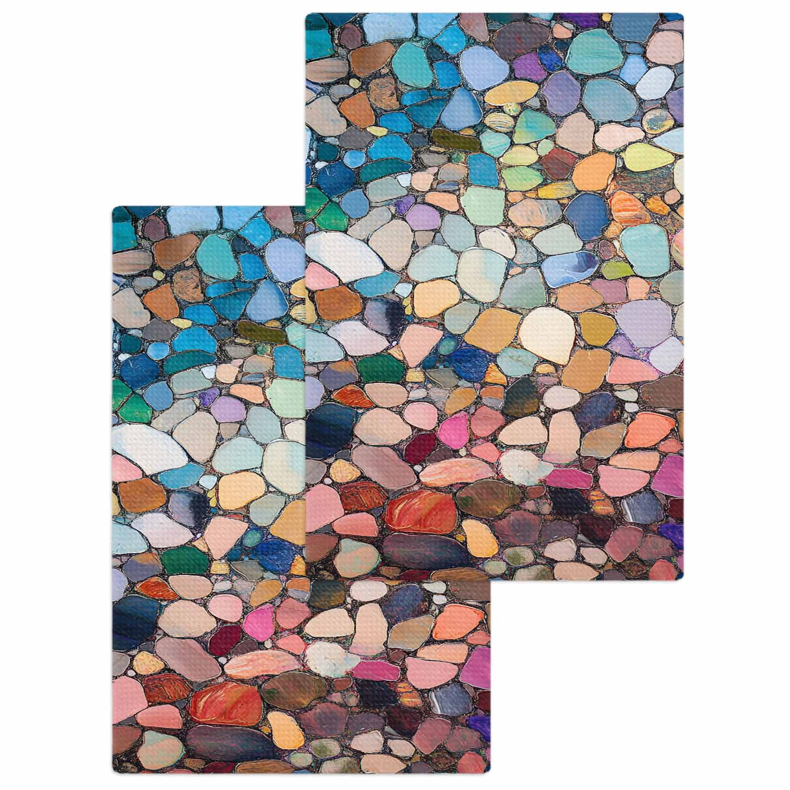 Colorful Stone Hand Towels Set,Waffle Weave Kitchen Towels 2 Pieces,Microfiber Hair Face Bath Tea Towel Absorbent Quick Drying Cleaning Dish Cloths,Rainbow Abstract Oil Painting Brushwork 15.7"x23.6"