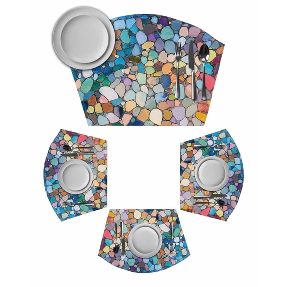 Colorful Stone Round Table Placemats Set of 4 Wedge Placemats, Rainbow Abstract Oil Painting Brushwork Place Mats for Dining Table Set Washable Mats Kitchen Decor for Indoor Outdoor Wipe Clean