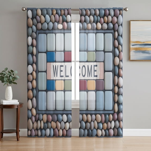 Colorful Stone Sheer Curtains 84 Inch Length 2 Panels Set, Modern Natural Geometric Plaid Voile Window Treatment Rod Pocket Curtains Sheers Drapes for Bedroom/Living Room/Kitchen 52"x84"x2