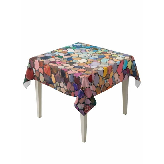 Colorful Stone Suqare Tablecloth - 60 x 60 Inch, Rainbow Abstract Oil Painting Brushwork Waterproof & StainResistant Tablecloth, Washable Oil-proof Table Cover for Dining/Party/Wedding/Camping/Buffet