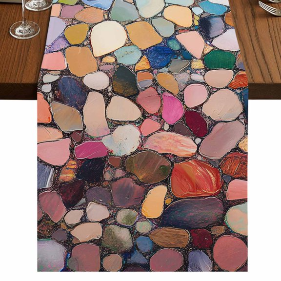 Colorful Stone Table Runner 36 Inches Long for Dining Tables, Rainbow Abstract Oil Painting Brushwork Cotton Linen Table Runner Coffee Tablerunners Dresser for Kitchen Party Holiday Decor 13"x36"