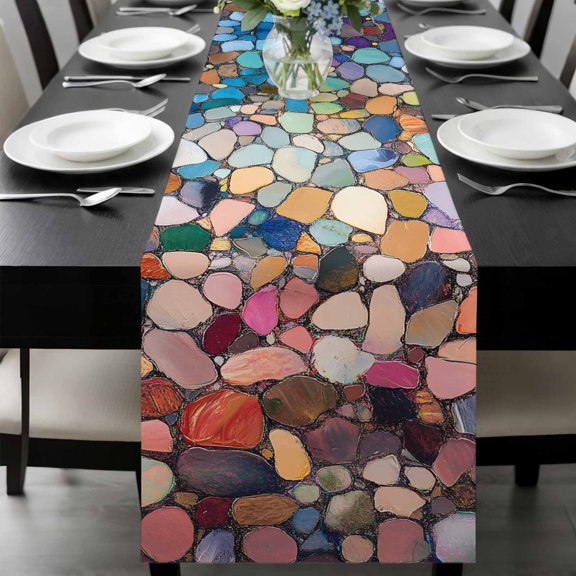 Colorful Stone Table Runner 60 Inches Long, Rainbow Abstract Oil Painting Brushwork Kitchen Coffee Dining Table Decoration for Home Party Birthday Wedding Home Decor 13x60 Inches