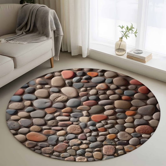Colorful Stones Round Area Rug 4Ft Washable Circle Rugs for Bedroom Dining Room, Modern Art Farmhouse Stones Non-Slip Carpet Floor Mats Indoor Outdoor Carpet Runner Aesthetic Home Decor