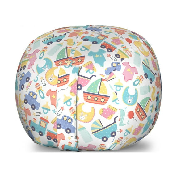Colorful Storage Toy Bag Chair, Colorful Cartoon Pattern with Elements Clothes Toys and Theme, Stuffed Animal Organizer Washable Bag, Small Size, Multicolor, by Ambesonne
