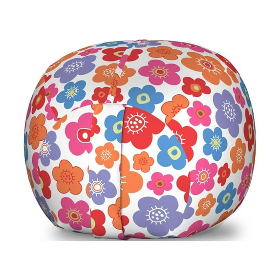 Colorful Storage Toy Bag Chair, Floral Theme Illustration Along Flowers in Doodle Style on Plain Background, Stuffed Animal Organizer Washable Bag, Large Size, Multicolor, by Ambesonne