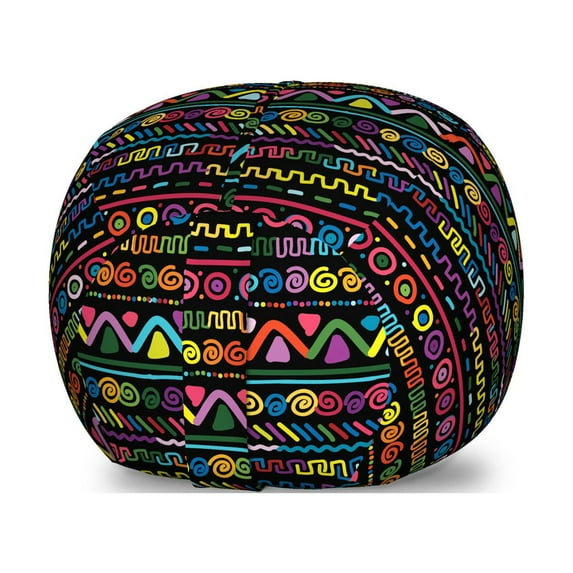 Colorful Storage Toy Bag Chair, Hand Drawn Illustration in Style Geometrical Borders Art Design, Stuffed Animal Organizer Washable Bag, Large Size, Multicolor, by Ambesonne