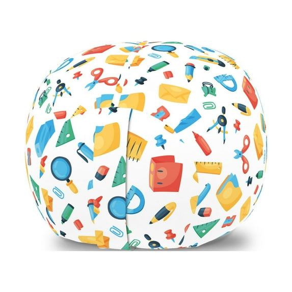 Colorful Storage Toy Bag Chair, Stationery Objects Tools and Accessories Set on a Plain Background, Stuffed Animal Organizer Washable Bag, Small Size, Multicolor, by Ambesonne