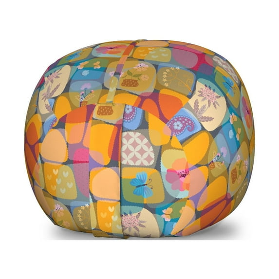 Colorful Storage Toy Bag Chair, Vintage Patchwork Inspired Geometric Shapes Butterflies Flowers Motif, Stuffed Animal Organizer Washable Bag, Large Size, Multicolor, by Ambesonne