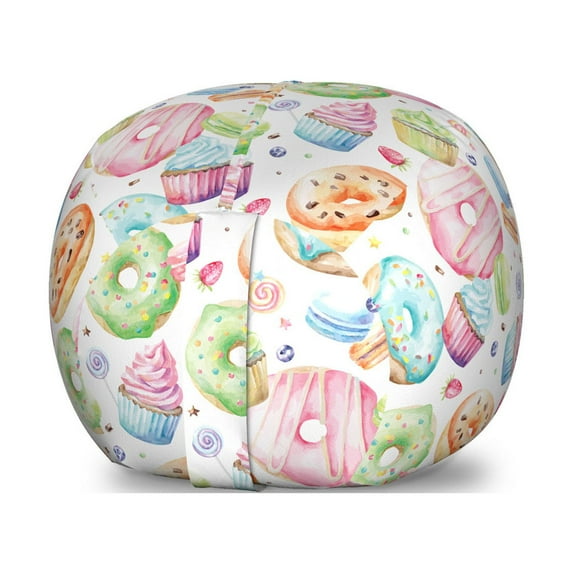 Colorful Storage Toy Bag Chair, Watercolor Style Sweets with Glazed Doughnut Macarons and Cupcakes with Frosting, Stuffed Animal Organizer Washable Bag, Small Size, Multicolor, by Ambesonne