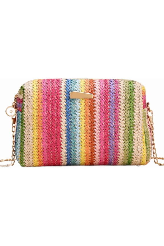 Colorful Straw Bag Women Woven Beach Bags Rainbow Pattern Shoulder Bag Spring Summer Purse