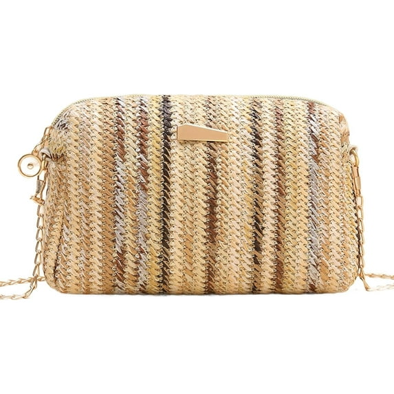 Colorful Straw Bag Women Woven Beach Bags Rainbow Pattern Shoulder Bag Spring Summer Purse