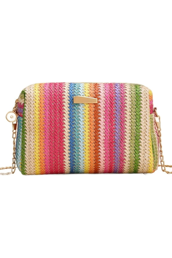 Colorful Straw Bag Women Woven Beach Bags Rainbow Pattern Shoulder Bag Spring Summer Purse