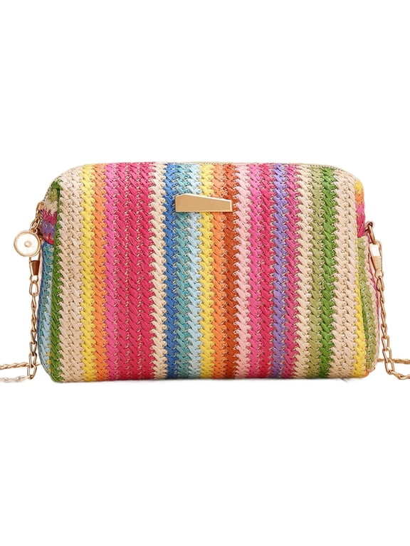 Colorful Straw Bag Women Woven Beach Bags Rainbow Pattern Shoulder Bag Spring Summer Purse