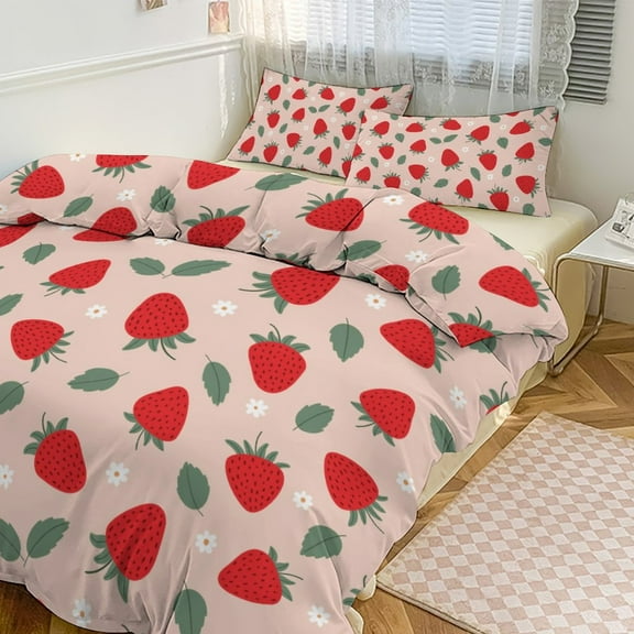 Colorful Strawberries Duvet Cover Set Themed Multicolor Polyester Bedding Set for Bedroom Decoration