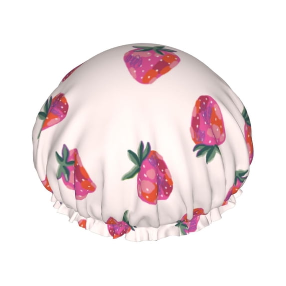 Colorful Strawberry Shower Cap, Reusable Bath Hair Hat for all Hair Lengths Hair Cover with Elastic Band Double Waterproof Layers Bathing Hat