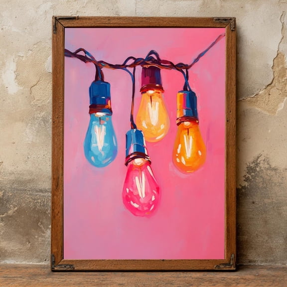 Colorful String Lights Wall Art – Retro Acrylic , Pink Background Festive Poster Décor, Stretched Canvas Size 16x24 F03.1.22l960