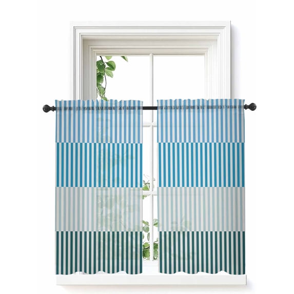 Colorful Stripe Curtains 45 Inch Length,Sheer Curtains for Bedroom Living Room Window Modern Teal Blue Green Vertical Striped Rod Pocket Drapes Kitchen Curtains Small Half Window 42"x45" 2 Panels