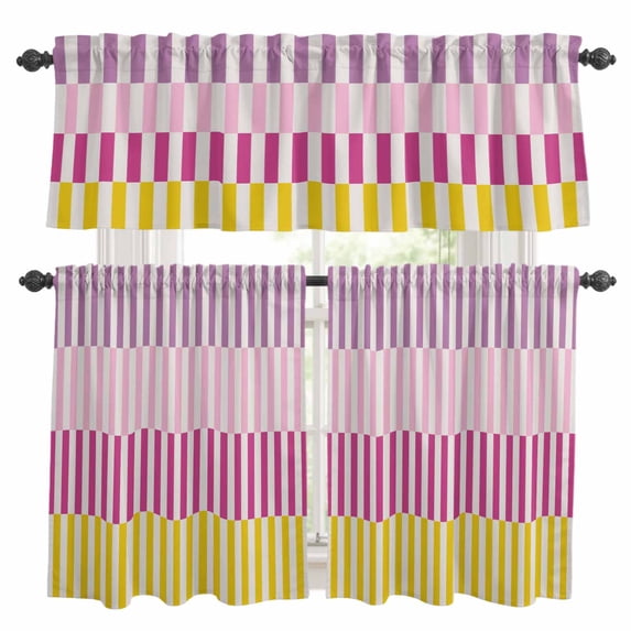Colorful Stripe Kitchen Curtains Sets for Windows 24 Inch Length, Modern Pink Purple Yellow Vertical Striped Rod Pocket Window Treatments Tier Curtains and Valances Set for Bedroom/Bathroom
