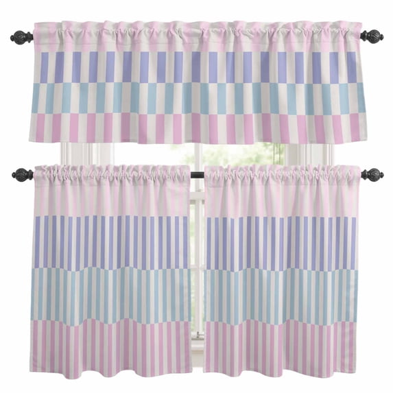 Colorful Stripe Kitchen Curtains Sets for Windows 36 Inch Length, Modern Pink Purple Blue Vertical Striped Rod Pocket Window Treatments Tier Curtains and Valances Set for Bedroom/Bathroom