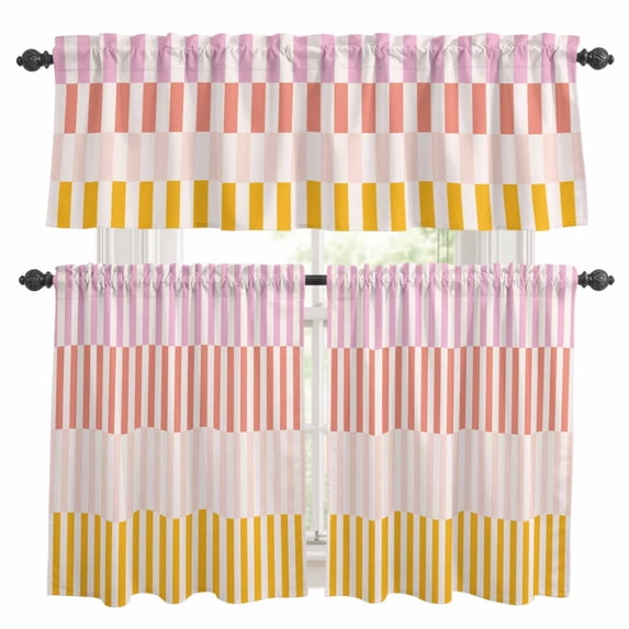 Colorful Stripe Kitchen Curtains Sets for Windows 36 Inch Length, Modern Pink Red Yellow Vertical Striped Rod Pocket Window Treatments Tier Curtains and Valances Set for Bedroom/Bathroom