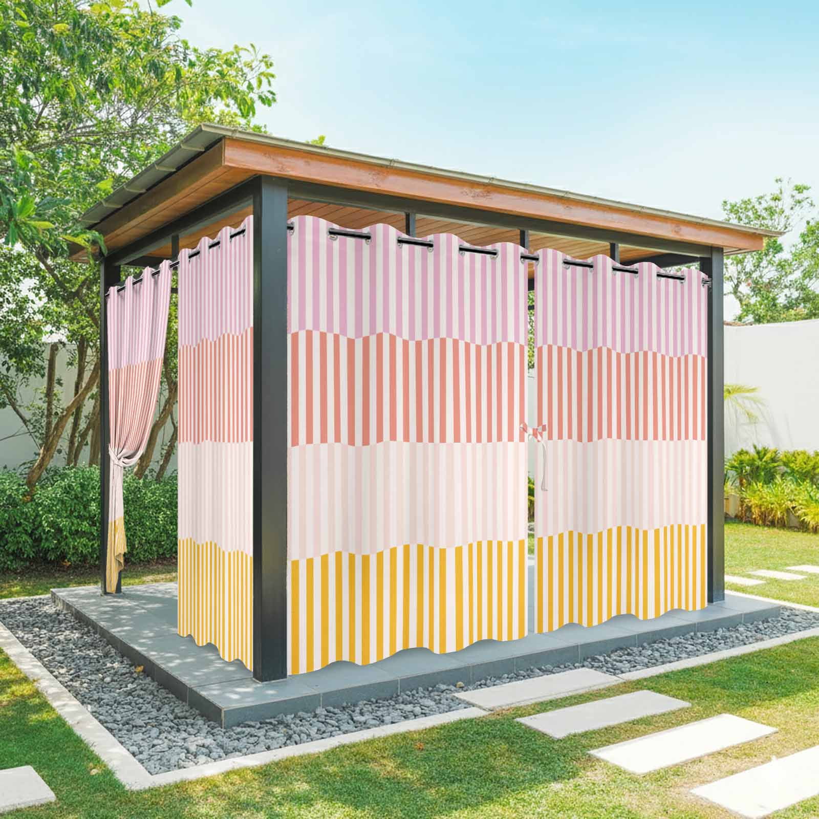 Colorful Stripe Outdoor Curtains for Patio Waterproof,Windproof Privacy Curtains with Weighted Bottom,Modern Pink Red Yellow Vertical Striped Outside Drapes for Picnic Garage Yard 54"x84" 2 Panel