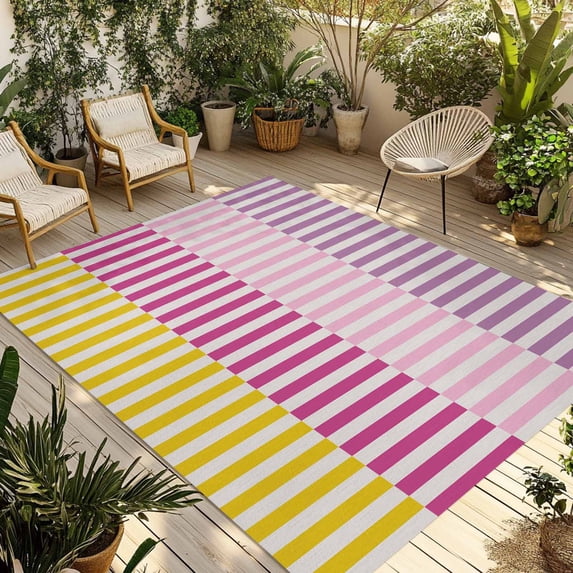 Colorful Stripe Outdoor Rug 5x8 Ft - Reversible Patio Rug Outdoor Camping Rugs, Modern Pink Purple Yellow Vertical Striped Indoor Outdoor Area Rugs, Non-Slip Outdoor Carpet Runner for Deck/Porch