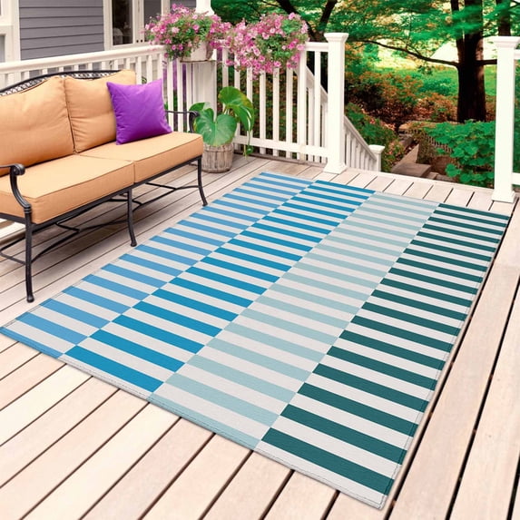 Colorful Stripe Outdoor Rug 6x9 Ft, Non Slip Washable Area Rug, Modern Teal Blue Green Vertical Striped Patio Rugs Carpet Runner, Large Floor Mat for Indoor/Outdoor Deck Porch Camping