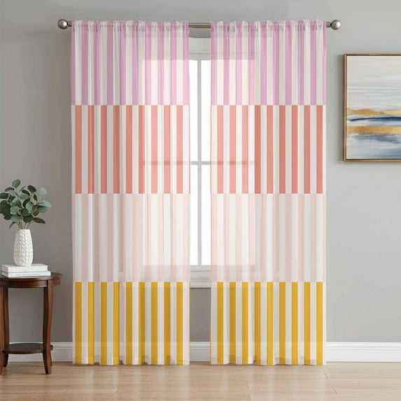 Colorful Stripe Semi Sheer Curtains 108 Inch Length 2 Panels Set, Modern Pink Red Yellow Vertical Striped Sheer Kitchen Curtain Privacy Voile Window Curtain for Living Room Bedroom Rod Pocket Drapes