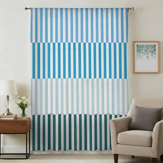 Colorful Stripe Sheer Curtains 84 Inches Long, Modern Teal Blue Green Vertical Striped Light Filering Curtains, Breathable Simi Curtain Privacy Drapes for Living Room Bedroom Window Treatment