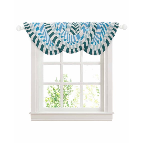 Colorful Stripe Sheer Waterfall Valance Curtains for Window, Modern Teal Blue Green Vertical Striped Rod Pocket Sheer Topper Swag Curtains for Living Room, Kitchen 38.5"W x 47.2"L, 3 Panels
