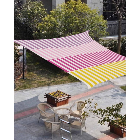 Colorful Stripe Sun Shade Sail 12'x16' Rectangle Outdoor Shade Canopy, Modern Pink Purple Yellow Vertical Striped Porch Shades Outdoor Sun Blocking Screen, Sunshade Cloth Covers for Patio/Deck