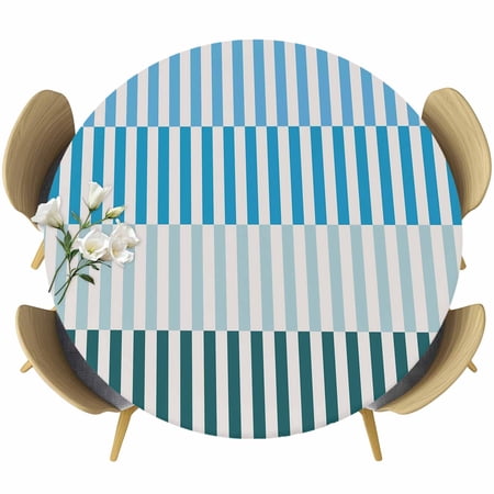Colorful Stripe Table Cloth, Round Fitted Tablecloths with Elastic Edge, Modern Teal Blue Green Vertical Striped Wipeable Waterproof Table Cover for Kitchen Wedding 36-44 Inches