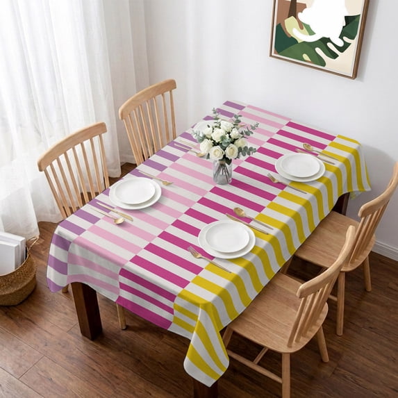 Colorful Stripe Table Cloth Waterproof Tablecloths, Modern Pink Purple Yellow Vertical Striped Tablecloth Dining Table Cover for Kitchen Party Tabletop Outdoor, Rectangle Tablecloth 60x84 Inch