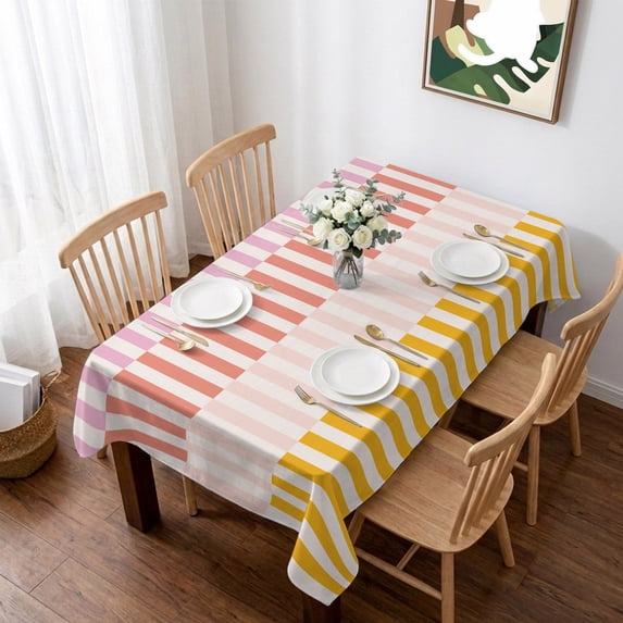 Colorful Stripe Table Cloth Waterproof Tablecloths, Modern Pink Red Yellow Vertical Striped Tablecloth Dining Table Cover for Kitchen Party Tabletop Outdoor, Rectangle Tablecloth 52x70 Inch