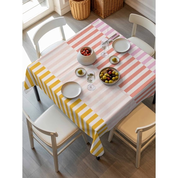 Colorful Stripe Tablecloth Square Table Cloth 54x54, Waterproof Tablecloth Outdoor Table Cloth, Modern Pink Red Yellow Vertical Striped Washable Table Cover for Kitchen Dinning Party