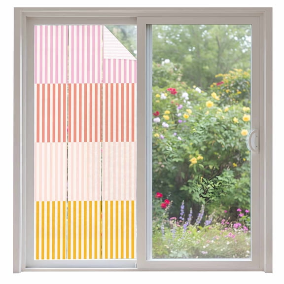 Colorful Stripe Window Privacy Film, Modern Pink Red Yellow Vertical Striped Static Cling UV Sun Blocking Heat Control Window Tint, Non-Adhesive One Way Windows Privacy Cover 35.4''x78.7''