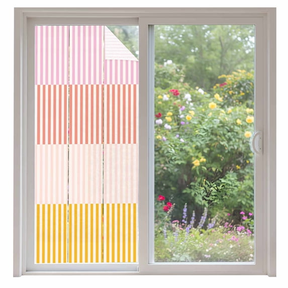 Colorful Stripe Window Privacy Film, Modern Pink Red Yellow Vertical Striped Static Cling UV Sun Blocking Heat Control Window Tint, Non-Adhesive One Way Windows Privacy Cover 35.4''x78.7''