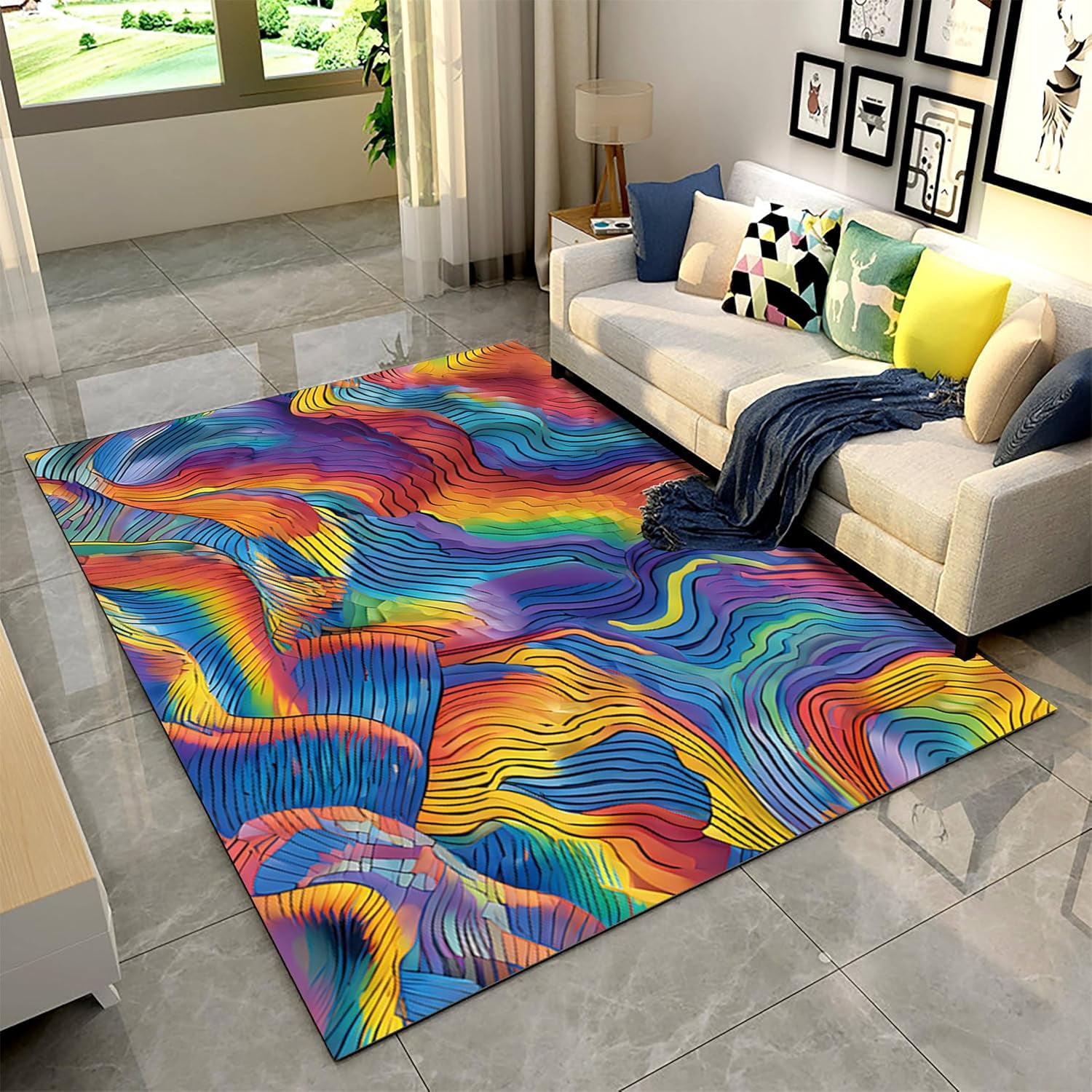 Colorful Striped Abstract Area Rug, Modern Pattern Carpet, Washable Non ...