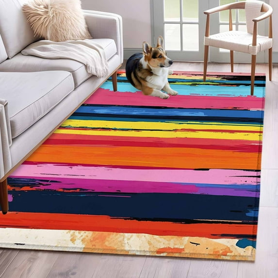 Colorful Striped Area Rug 3x5 FT, Non Slip Entryway Bedside Carpet, Modern Rainbow Abstract Graffiti Art Washable Floor Carpet Indoor Mat Non-Shedding Throw Rug for Dorm Kitchen Home Office