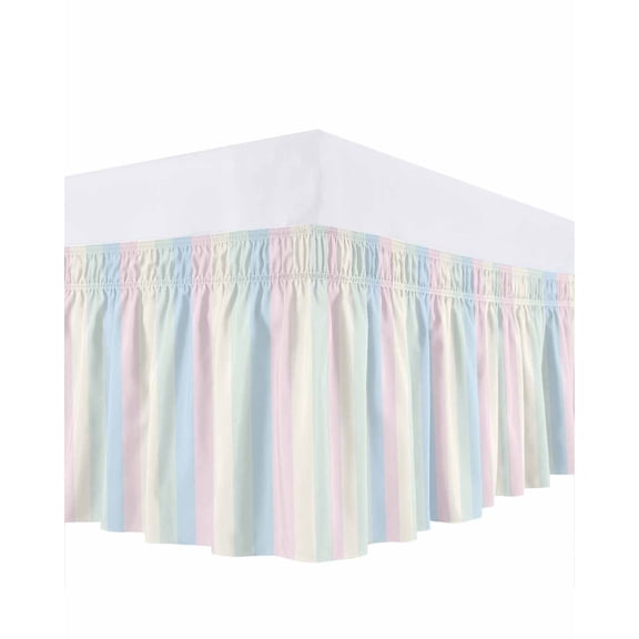 Colorful Striped Bed Skirt Queen Size, Rainbow Color Stripes Wrap Around Bed Skirting with Adjustable Elastic Strap, Dust Ruffle Pleated Bedskirts 16 Inch Drop for Bedroom Queen Beds