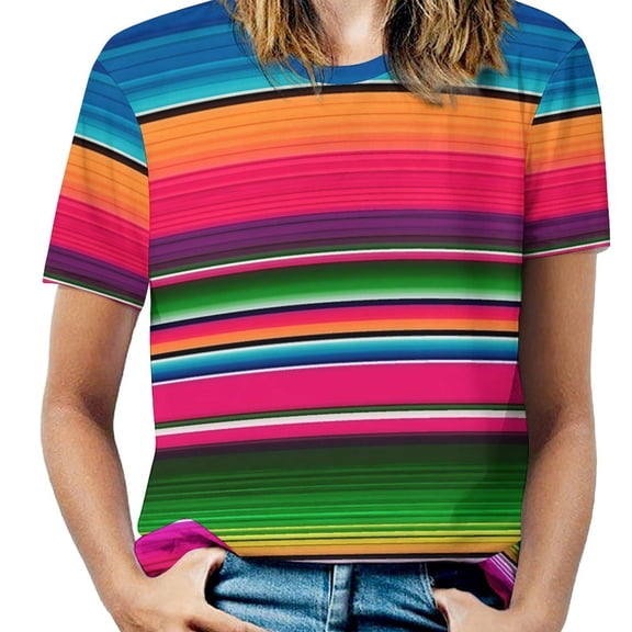 Colorful Striped Blanket Womens Tops Women's Fashion Casual Short Sleeve Flower Print Round Neck Pullover Top Blouse