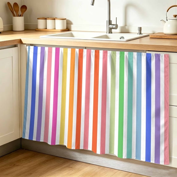 Colorful Striped Cabinet Curtain 28"W x 51"L, Modern Art Stripes Pink Orange Blue Dust-Proof Privacy Curtain for Closet Shelves Self Adhesive, Sink Skirt for Bathroom Vanity Kitchen Laundry Room