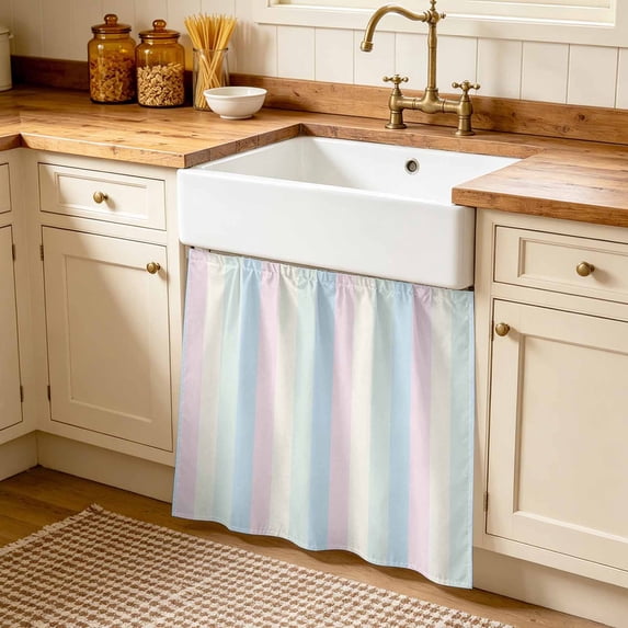 Colorful Striped Cabinet Curtains 35"W x 35"L, Rainbow Color Stripes Sink Skirt for Bathroom Vanity Kitchen Self Adhesive, Dust-Proof Privacy Curtain for Shelves Closet Laundry Room Pantry