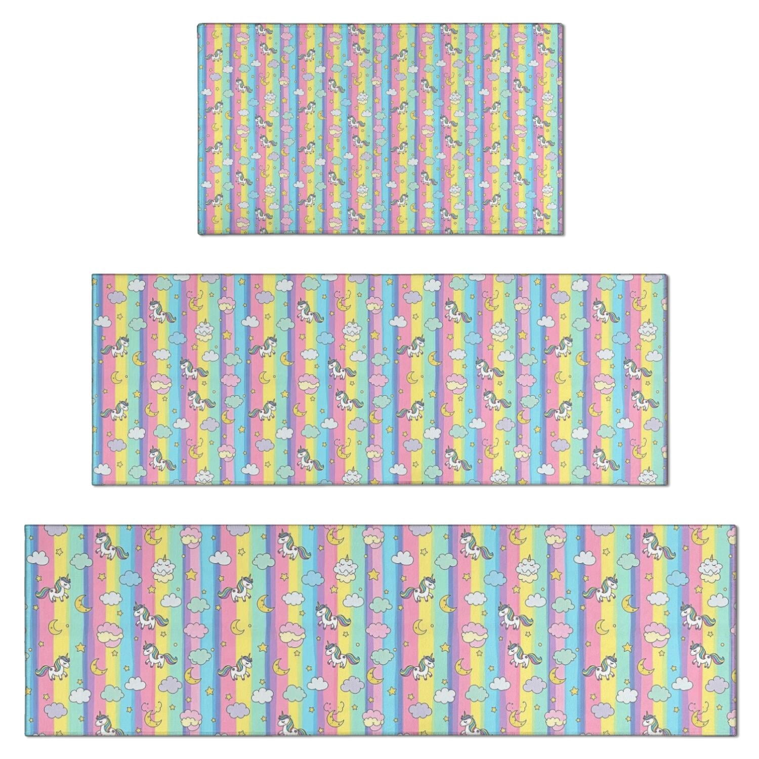 Colorful Striped Cartoon Unicorn Pattern Kitchen Rugs Sets Of 3,Kitchen ...